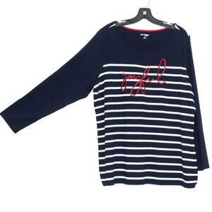 Kim Rogers Womens Top Curvy Joyful Embroidered Stripe Holiday Blue White 1X GA